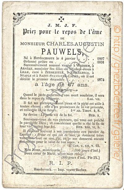 Charles Augustin Pauwels, cur  Saint-Sylvestre-Cappel, dcd   Saint-Sylvestre-Cappel, le 01 Dcembre 1874 (67 ans).